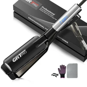 Professional wide plate hair straightener with ionic technology and digital temperature control for fast, smooth styling of thick hair.