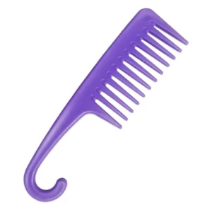 A purple wide tooth comb is displayed, perfect for detangling curly, wet, or thick hair.