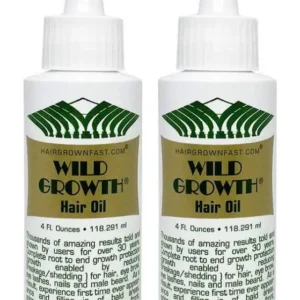 Two bottles of Wild Growth hair oil for promoting healthy hair growth.