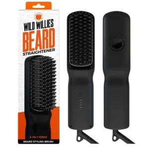 Wild Willies beard straightener and hot comb for men with temperature control and ionic technology efficiently straightens and smooths coarse and curly beard hair.