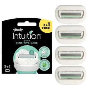 Wilkinson Intuition Sensitive Care razor with four blades surrounded by skin conditioner, enriched with Aloe Vera and Vitamin E, designed for women to shave and moisturize in one step without needing shaving gel.