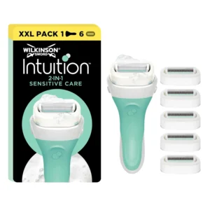 Wilkinson Sword Intuition Sensitive Care razor with six blade refills provides a smooth, hydrating shave for women with aloe vera and no need for shave gel.