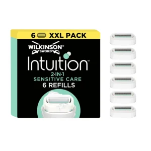 Six Wilkinson Sword Intuition Sensitive Care razor blade refills for women, featuring a soap bar with Aloe Vera, Vitamin E and pro Vitamin B5 for smooth, hydrated skin.