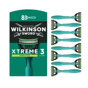 A pack of eight Wilkinson Sword Xtreme 3 disposable razors for men with three flexible blades, lubricating strips with Aloe Vera, Vitamin E, and Shea Butter, designed for a close, comfortable and sensitive shave.