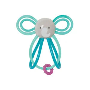 Baby teether shaped like an elephant with colorful loops and a rattle, perfect for grasping and teething.