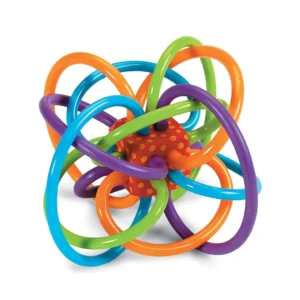 The Winkel rattle and sensory teether toy features colorful, soft tubes perfect for soothing teething babies and developing motor skills.