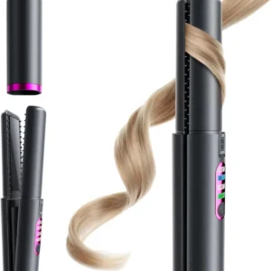 The Azonee mini wireless hair straightener and curler features rapid 15-second heating and three temperature settings for creating sleek, straight hairstyles or charming curls on the go.