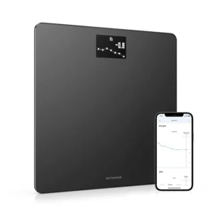 Black Withings Body smart scale displaying weight and BMI, automatically syncing data to the Health Mate app via Wi-Fi for comprehensive health tracking.