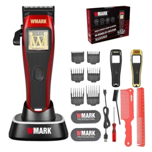 This is a WMARK professional hair clipper with DLC zero-gapped fade blade, powered by a 10,000 RPM maglev motor, and includes multiple guide combs for barbers and stylists.