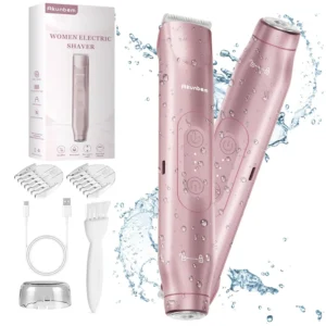 Pink 2 in 1 women's electric shaver and bikini trimmer with dual head design for removing body and facial hair during wet or dry use.