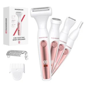 This multi-functional women's electric razor and trimmer kit in rose gold includes a bikini trimmer, foil shaver, and facial shaver for smooth hair removal on the body, bikini line, and face, and comes with a travel pouch for convenient on-the-go use.