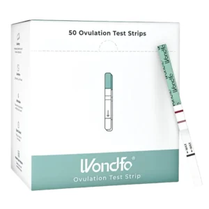 This image shows 50 Wondfo ovulation test strips for identifying your LH surge and peak fertility with over 99% accuracy.