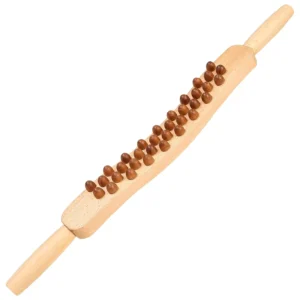 This wood therapy massage roller stick with 34 beads is designed for lymphatic drainage and muscle relaxation, ideal for maderotherapy and anti-cellulite treatments.
