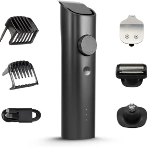The Xiaomi Grooming Kit Pro offers multiple grooming heads for a full body experience, including hair, beard, nose, ear, and body trimming, featuring self-sharpening stainless steel blades and Type-C charging.