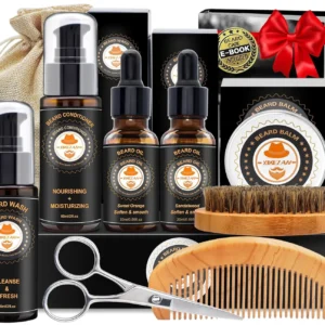 XIKEZAN 8 in 1 premium quality beard grooming kit with unscented oil, comb, balm, brush, scissors, and storage bag, packaged hygienically for beard care and growth.