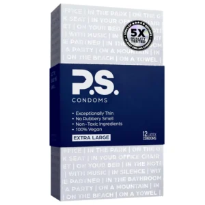 A pack of extra large, ultra thin, vegan condoms, made with natural rubber latex, that are odorless and clear.