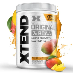 This is a mango madness flavored Xtend BCAA powder for post workout muscle recovery with 7g BCAAs, electrolytes, and zero sugar.