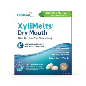 This is a pack of Oracoat XyliMelts for dry mouth, M size, containing 40 melts.