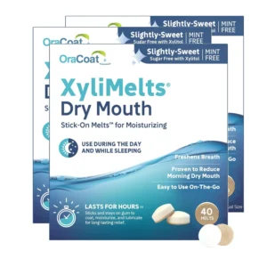 Three packs of Oracoat Orahealth Xylimelts mint free discs provide long-lasting, safe, and natural relief from dry mouth while freshening breath with a sweet xylitol flavor.
