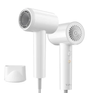 Pure white YAPOY hair dryer with 1700W power and a high-speed 110000 RPM motor for quick, heat-protected drying and low noise operation.