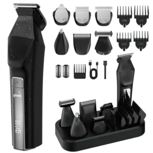 The Yineel HC600 cordless grooming kit for men includes a professional hair clipper, zero gapped T-blade trimmer, electric razor shaver, and attachments for nose, ear, body, face, and mustache trimming.