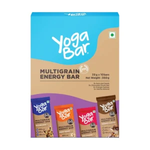 Yogabar multigrain energy bars are a healthy snack option packed with gluten-free oats, millet, nuts, seeds, and sweetened with honey.