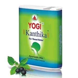 Yogi Kanthika throat relief pills, an Ayurvedic formulation for soothing sore throats, common colds, and coughs.