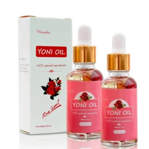 Two bottles of natural yoni oil for feminine care, featuring rose petals, designed to moisturize, balance pH, and eliminate odor.