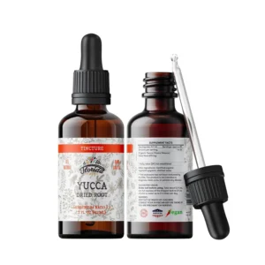 This is a two-ounce bottle of yucca tincture organic extract, a gluten-free herbal supplement made with yucca glauca dried root in cold-pressed vegetable glycerin.