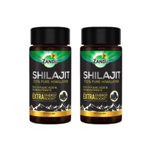 Bottle of Zandu Shilajit capsules, a daily supplement to improve strength, stamina, and reduce stress with natural ingredients.