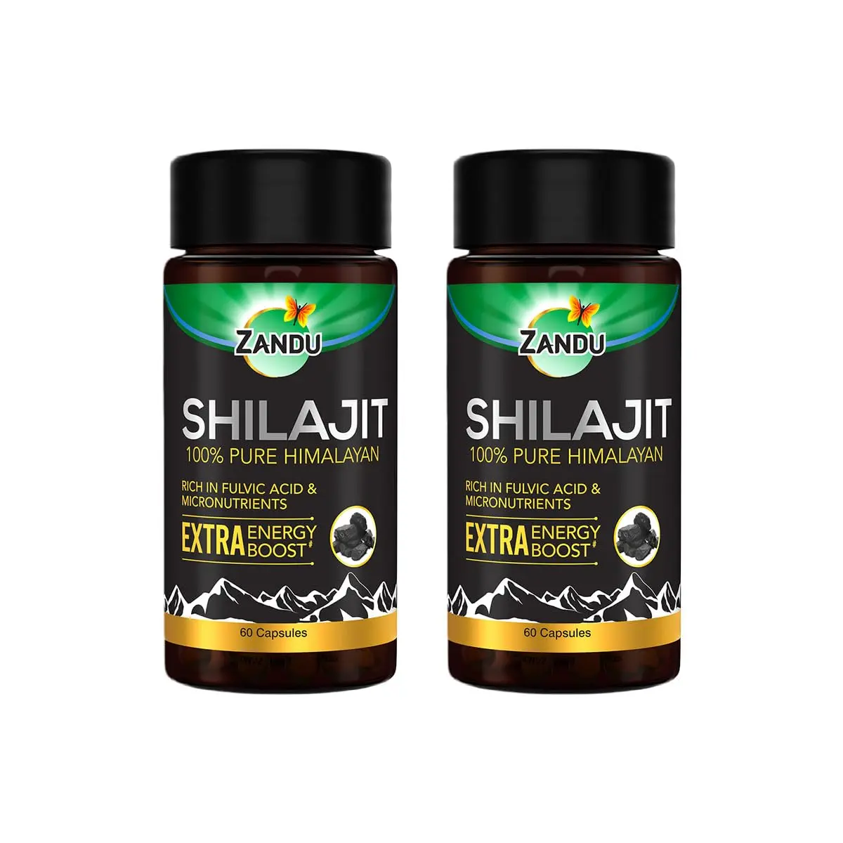 Bottle of Zandu Shilajit capsules, a daily supplement to improve strength, stamina, and reduce stress with natural ingredients.