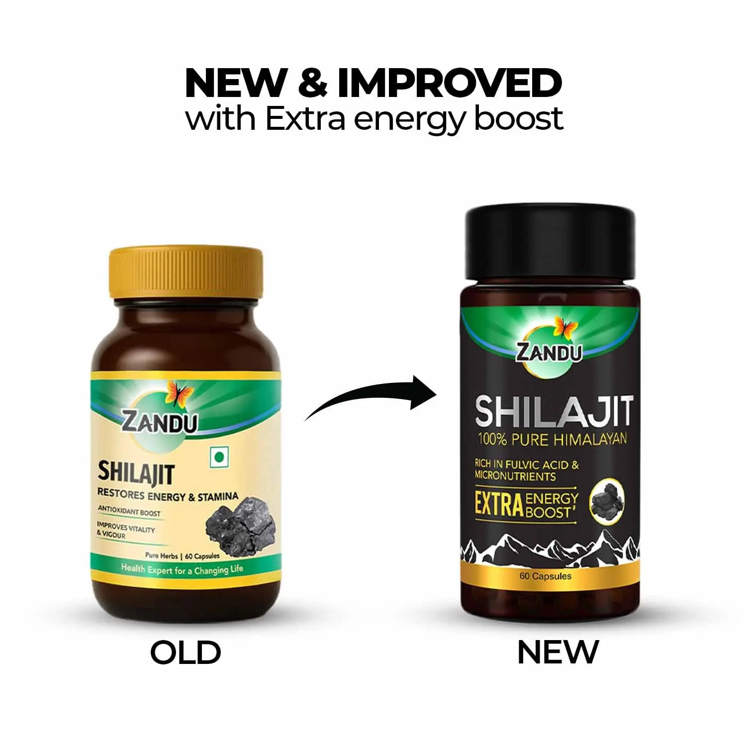 Bottle of Zandu Shilajit capsules, a daily supplement to improve strength, stamina, and reduce stress with natural ingredients.