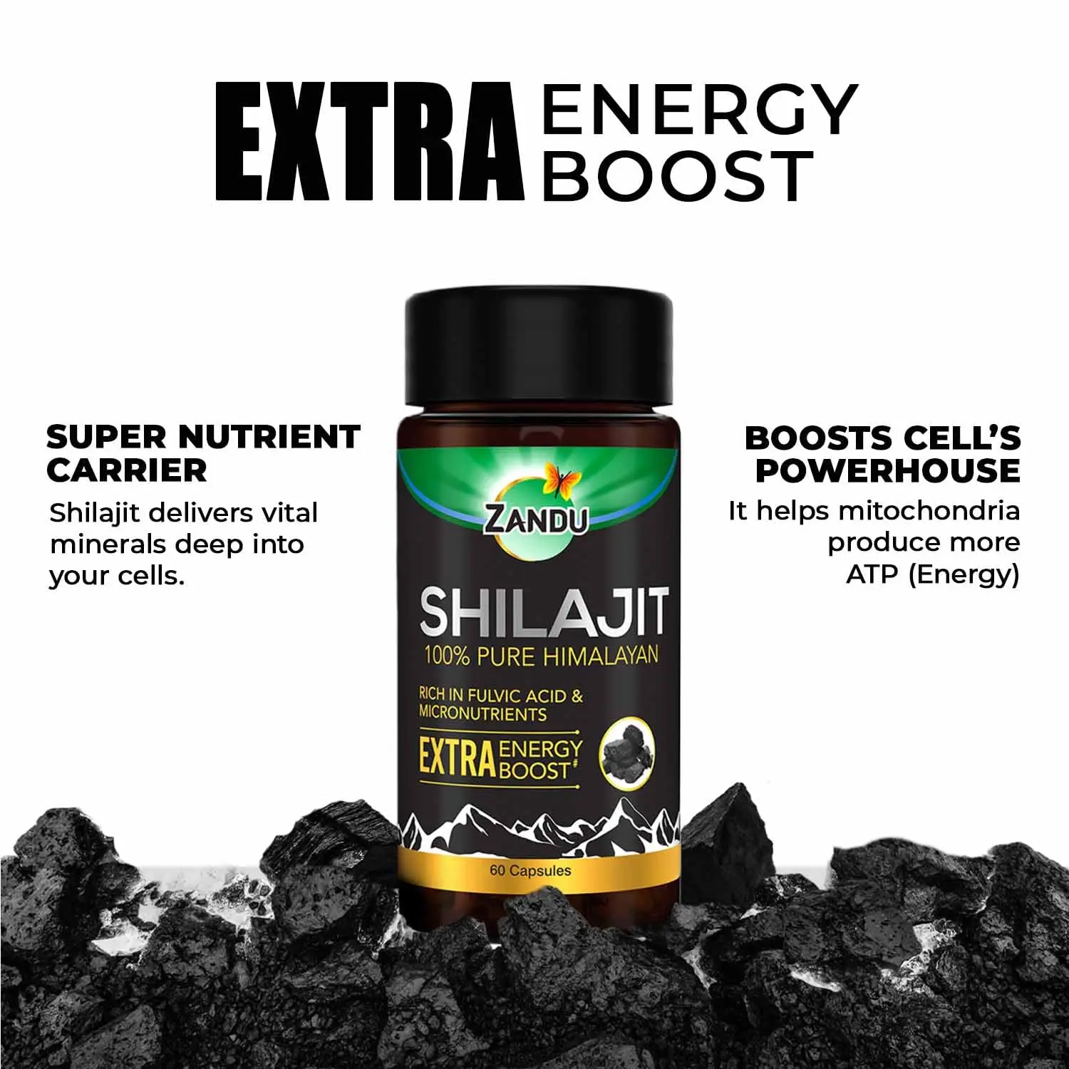 Bottle of Zandu Shilajit capsules, a daily supplement to improve strength, stamina, and reduce stress with natural ingredients.