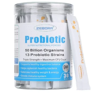 ZEBORA probiotics powder features 50 billion CFU and 13 strains to support digestive and immune health.