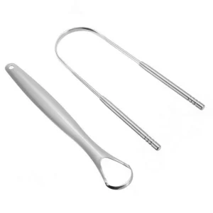 This image shows the ZEEX tongue scraper set, including two stainless steel tongue cleaners designed for adults, promising fresh breath and effective plaque removal through daily oral hygiene.
