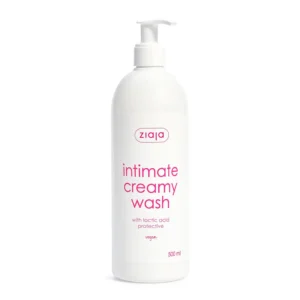 This is a bottle of Ziaja Intimate Creamy Wash with Lactic Acid to gently cleanse, protect natural flora and restore the acidic pH of the intimate area, providing long-lasting freshness.