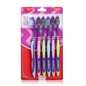 Six-pack of Colgate ZigZag medium bristle toothbrushes designed for deep cleaning and adult oral care with battery powered, cordless use.