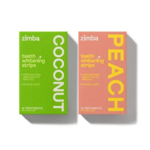 Zimba teeth whitening strips in coconut and peach flavors offer a gentle and effective 14-day treatment for sensitive teeth, removing stains from coffee, tea, and wine for a brighter smile.
