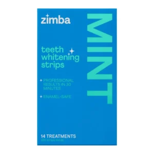 ZIMBA mint flavored teeth whitening strips gently and effectively remove stains, with natural ingredients and reduced sensitivity for a brighter, whiter smile.