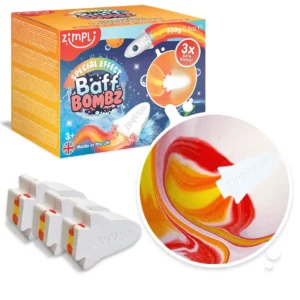 Three Zimpli Kids rocket bath bombs create a colorful and fizzing flame effect for a fun strawberry-scented bath time adventure suitable for children.