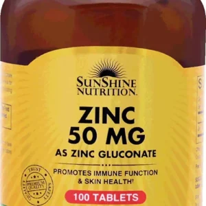 Sunshine Nutrition Zinc 50mg tablets support a strong immune system, promote healthy skin, hair, and nails, and provide antioxidant protection.